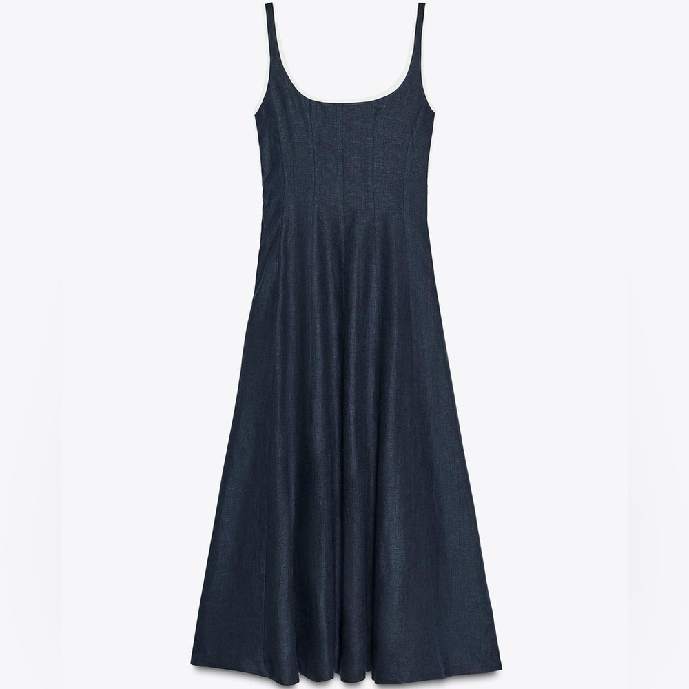 Zara NWT Blue & White 100% Linen Contrast Piping Midi Summer Dress (Size Medium) - Picture 7 of 9